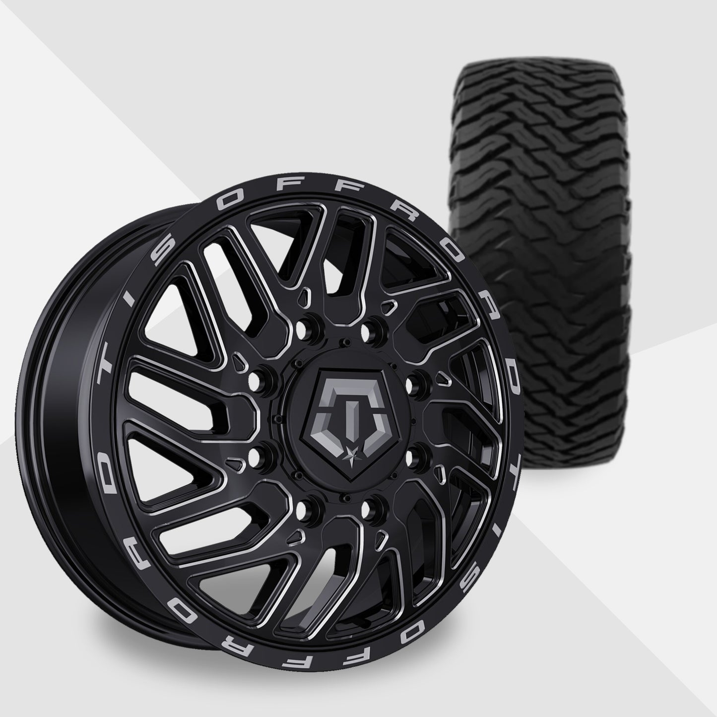 TIS 544BM Dually Black Milled 20x8.25 Wheels & Ironman Tires All Country M/T-X 295/65R20 Tires - 20" Dually Package