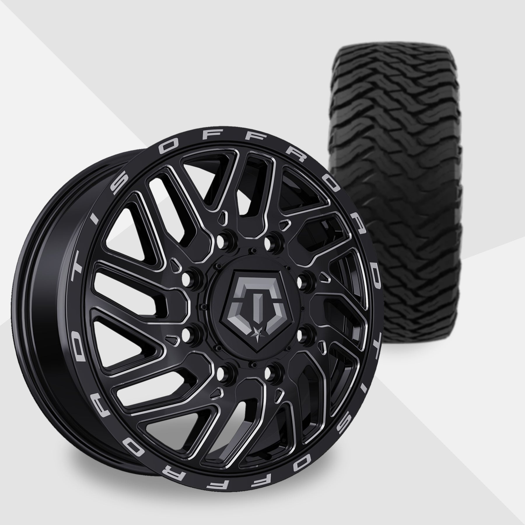 TIS 544BM Dually Black Milled 20x8.25 Wheels & Ironman Tires All Country M/T-X 295/65R20 Tires - 20" Dually Package