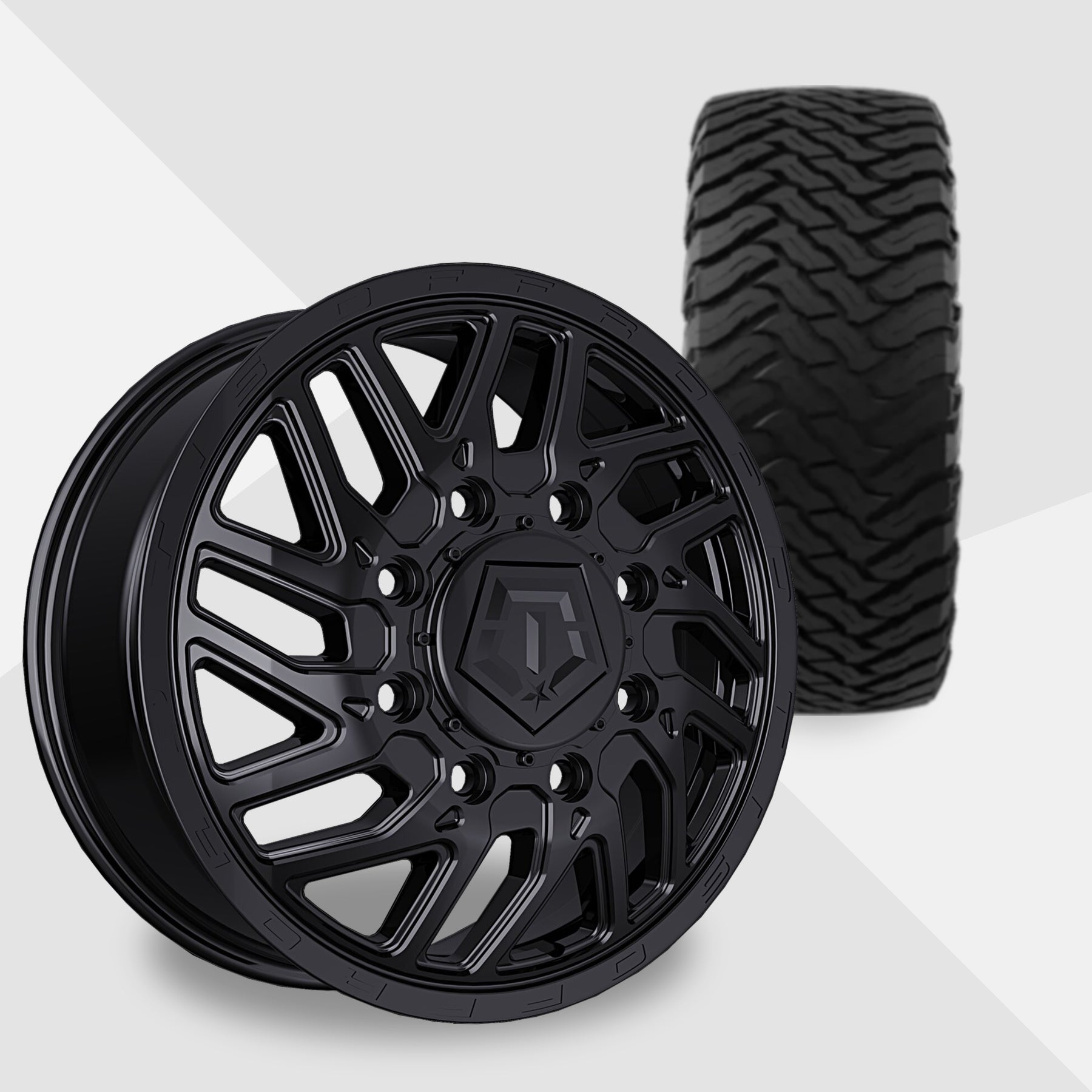 TIS 544B Dually Gloss Black 20x8.25 Wheels & Ironman Tires All Country M/T-X 295/65R20 Tires - 20" Dually Package