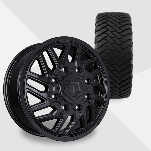 TIS 544B Dually Gloss Black 20x8.25 Wheels & Ironman Tires All Country M/T-X 295/65R20 Tires - 20" Dually Package