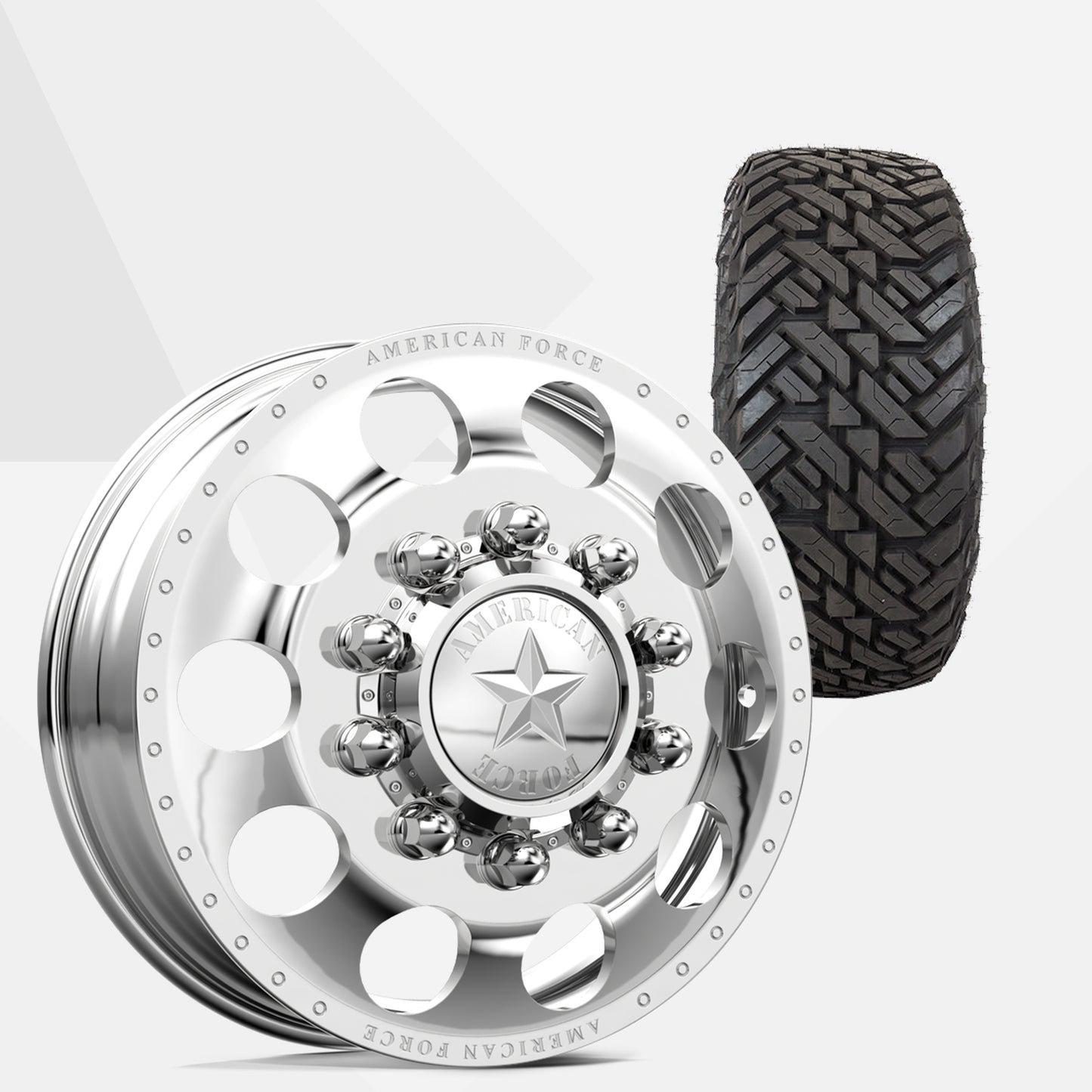 American Force 5 Holes Polished 24x8.25 Wheels & Fuel Tires Gripper M/T 35x13.50R24 Tires - 24" Dually Package