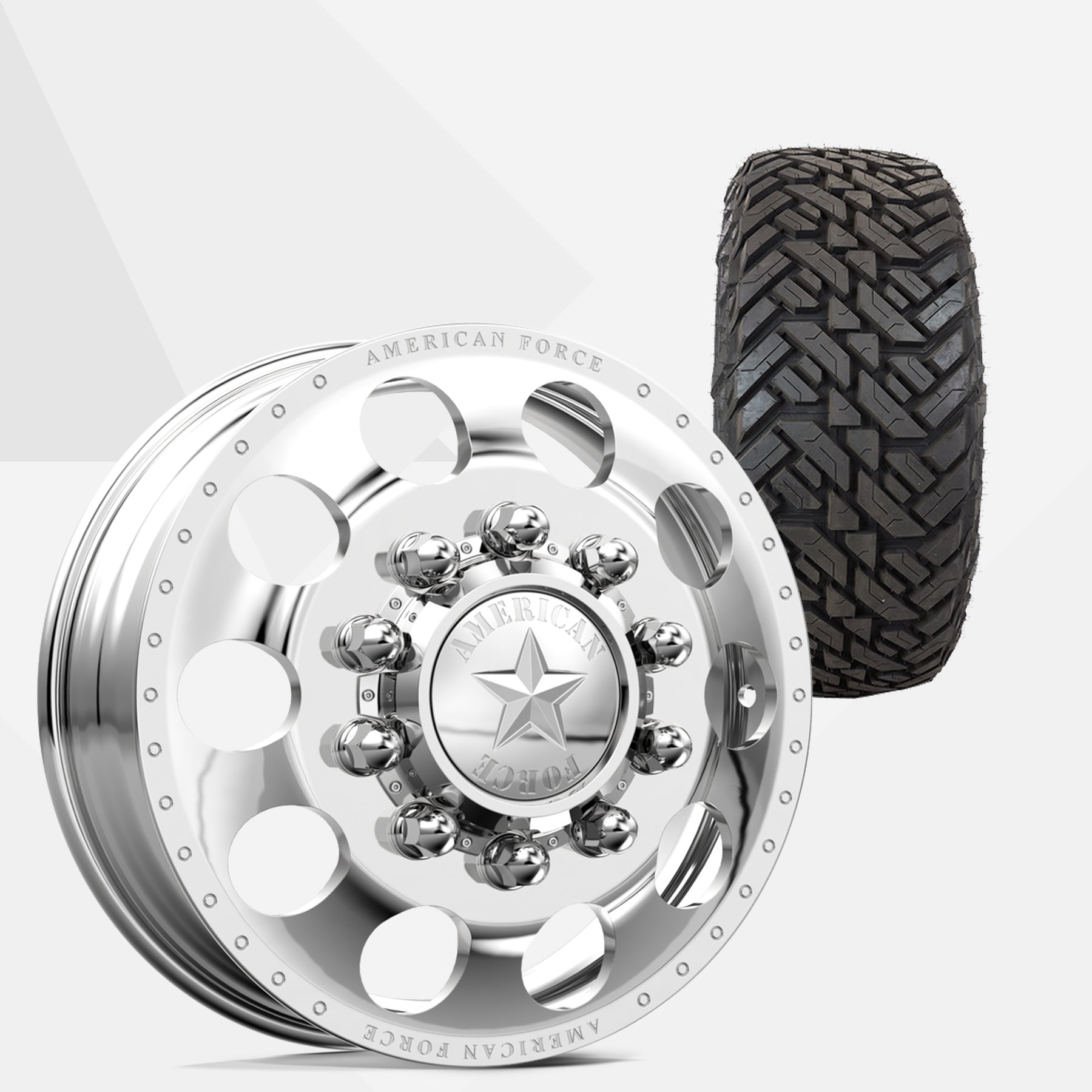 American Force 5 Holes Polished 24x8.25 Wheels & Fuel Tires Gripper M/T 35x13.50R24 Tires - 24" Dually Package