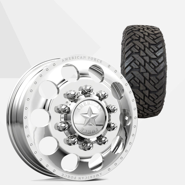 American Force 5 Holes Polished 24x8.25 Wheels & Fuel Tires Gripper M/T 35x13.50R24 Tires - 24" Dually Package