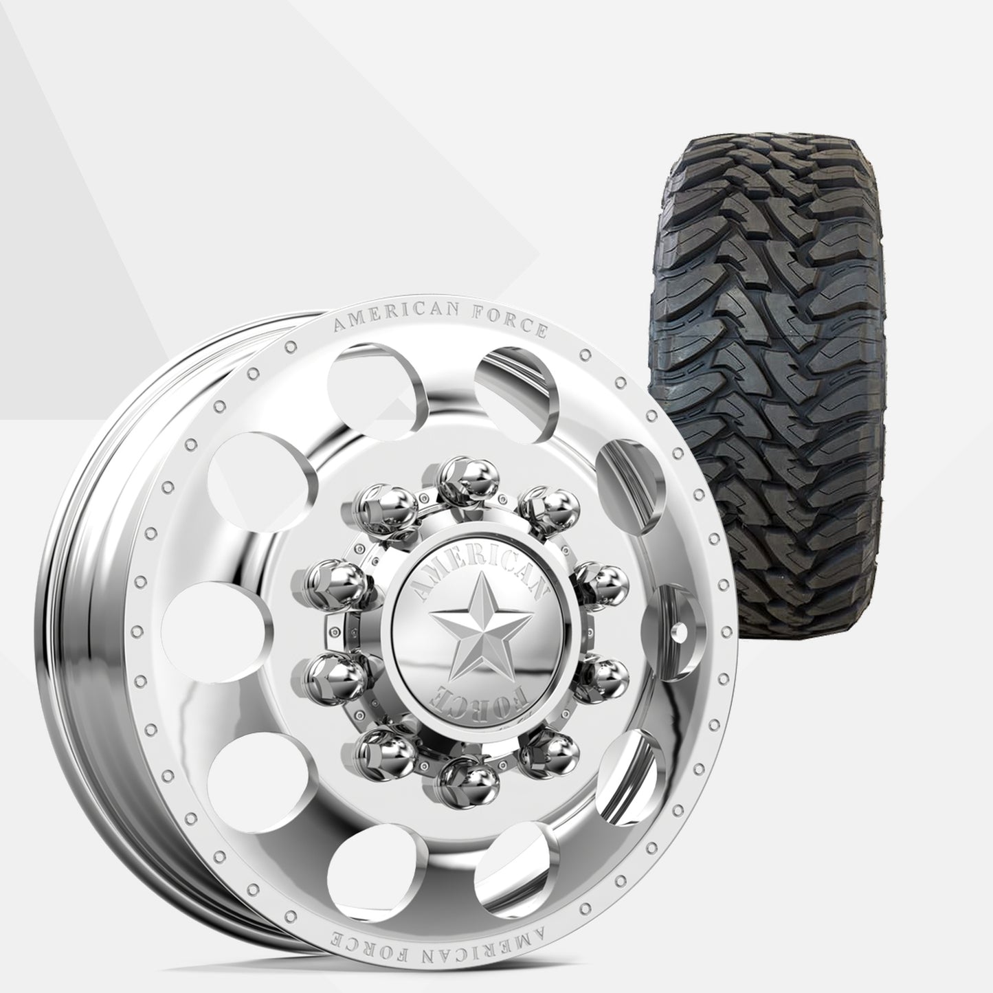 American Force 5 Holes Polished 22x8.25 Wheels & Toyo Tires Open Country M/T 295/55R22 Tires - 22" Dually Package