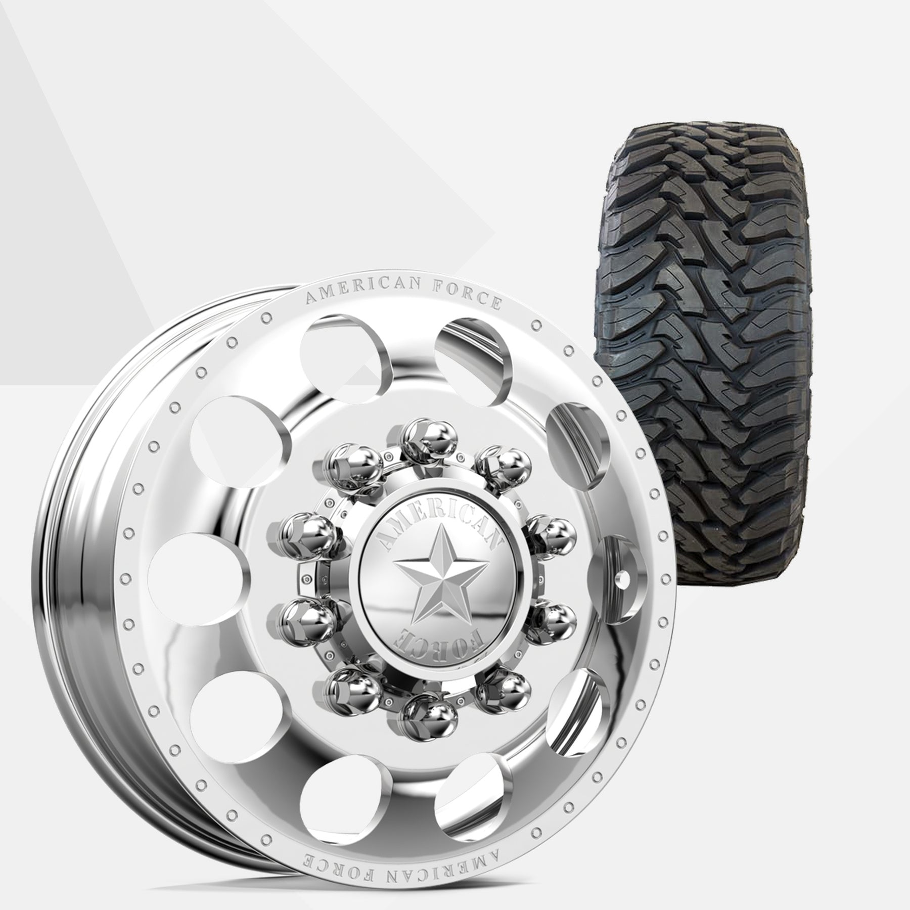 American Force 5 Holes Polished 22x8.25 Wheels & Toyo Tires Open Country M/T 295/55R22 Tires - 22" Dually Package