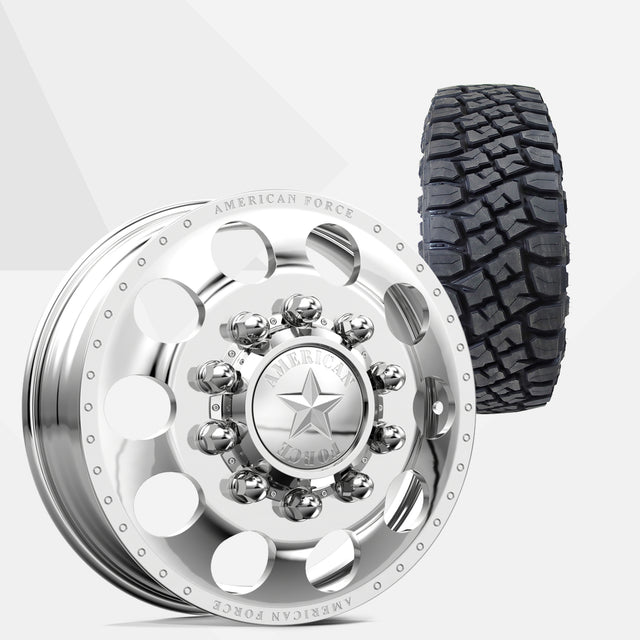 American Force 5 Holes Polished 24x8.25 Wheels & Toyo Tires Open Country RT Pro 315/50R24 Tires - 24" Dually Package