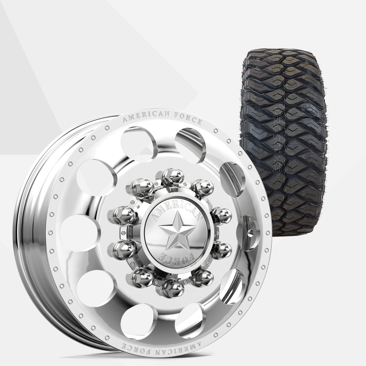 American Force 5 Holes Polished 22x8.25 Wheels & Maxxis Tires Razr M/T 35x12.50R22 Tires - 22" Dually Package