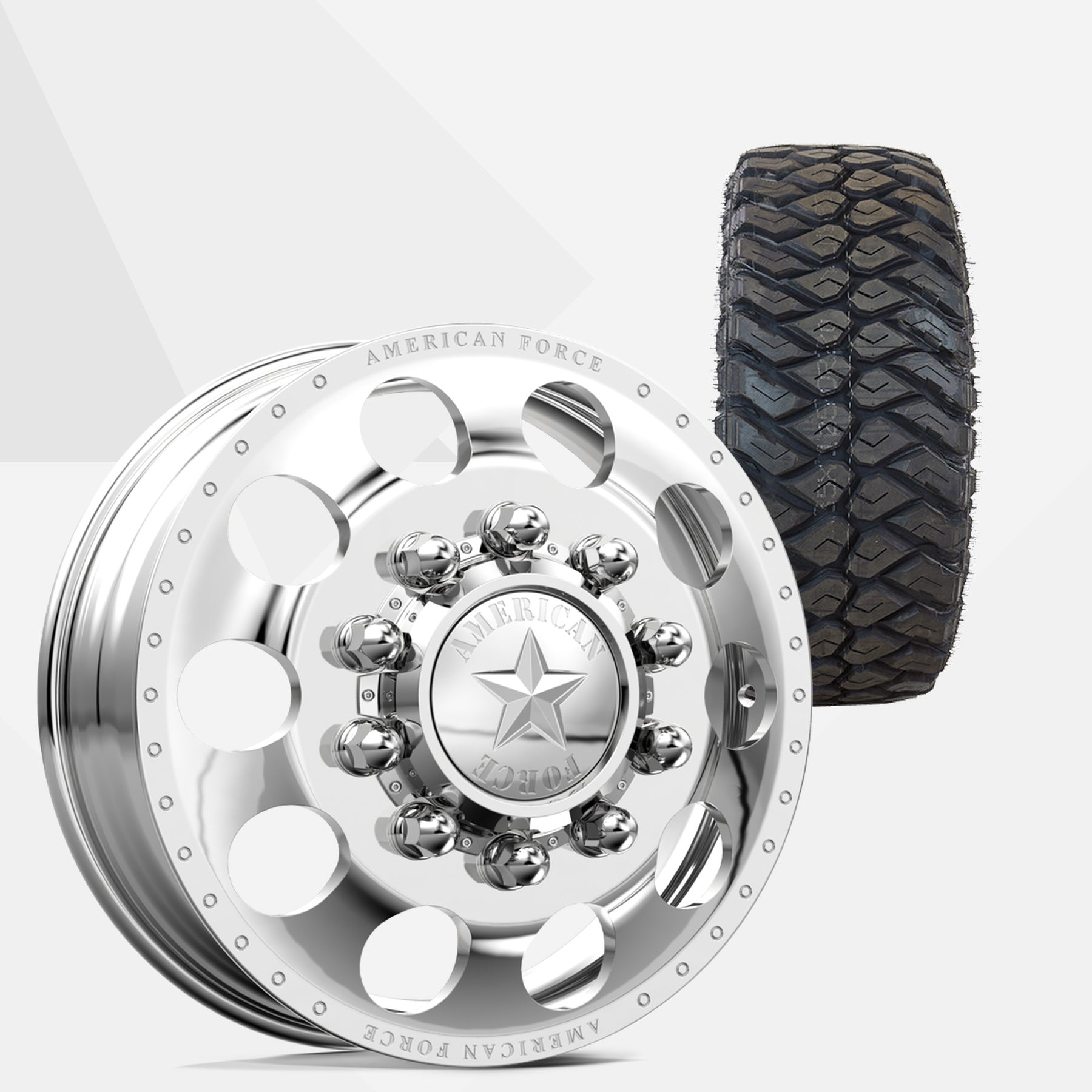 American Force 5 Holes Polished 22x8.25 Wheels & Maxxis Tires Razr M/T 35x12.50R22 Tires - 22" Dually Package