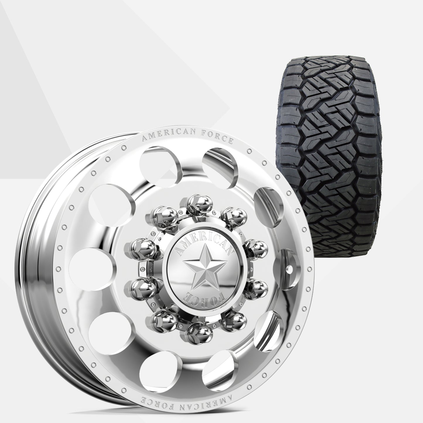 American Force 5 Holes Polished 24x8.25 Wheels & Nitto Tires Recon Grappler A/T 315/50R24 Tires - 24" Dually Package