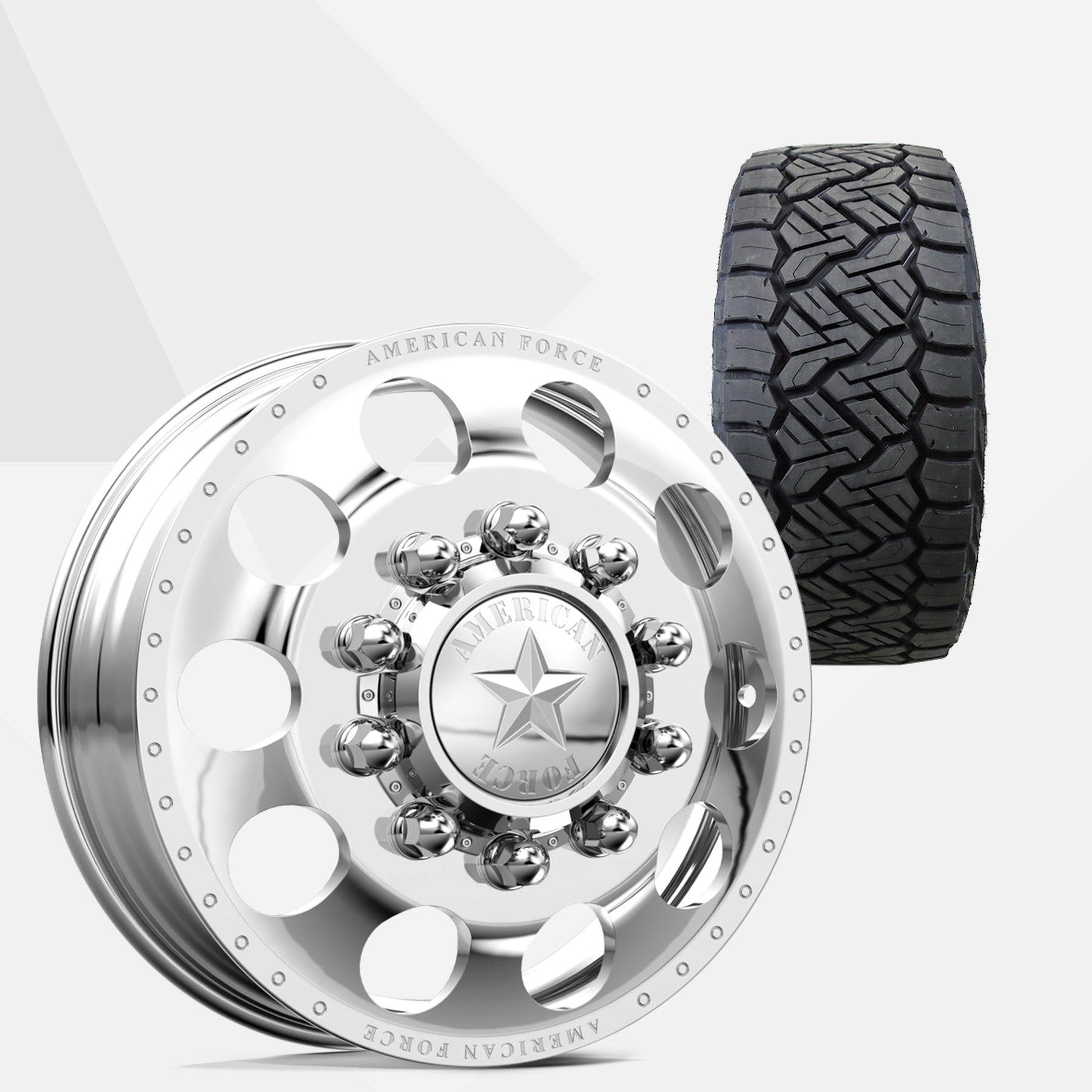 American Force 5 Holes Polished 24x8.25 Wheels & Nitto Tires Recon Grappler A/T 315/50R24 Tires - 24" Dually Package