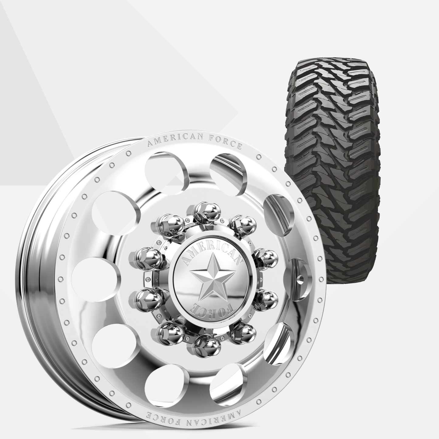 American Force 5 Holes Polished 22x8.25 Wheels & Atturo Tires Trail Blade M/T 33x12.50R22 Tires - 22" Dually Package