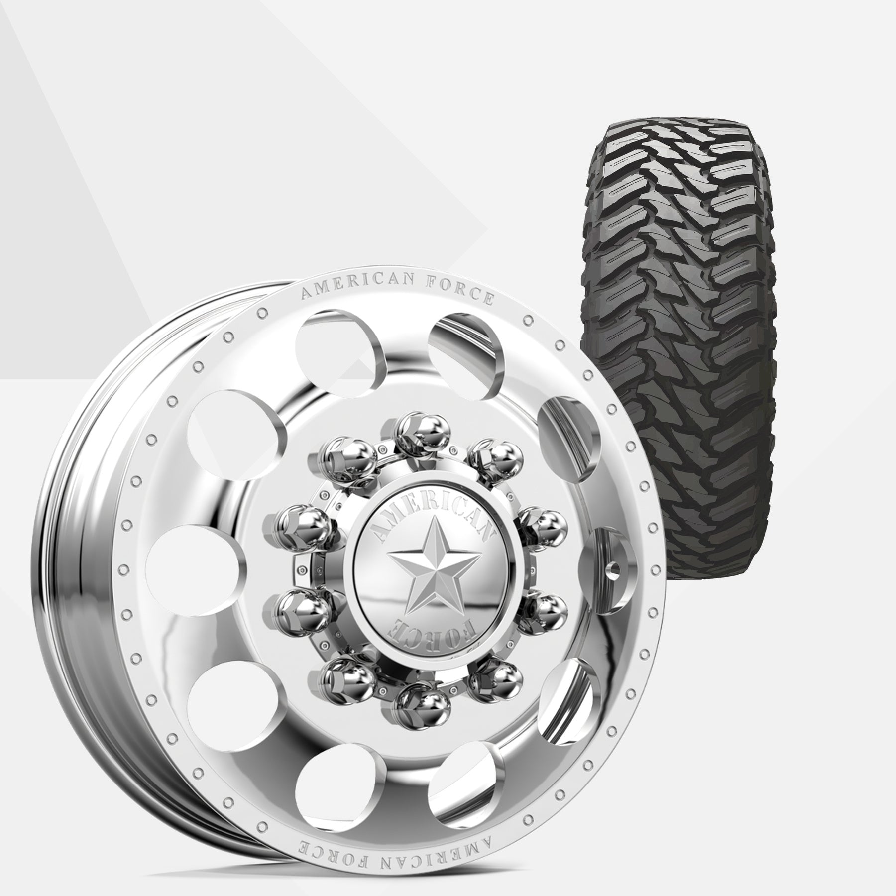American Force 5 Holes Polished 22x8.25 Wheels & Atturo Tires Trail Blade M/T 33x12.50R22 Tires - 22" Dually Package