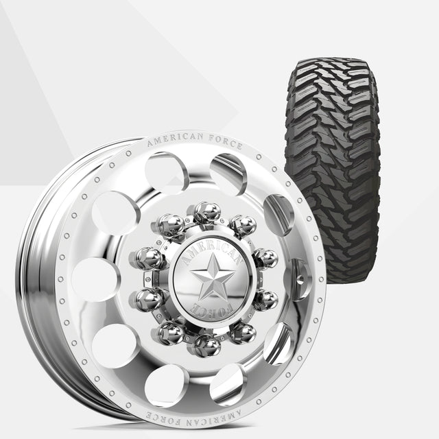 American Force 5 Holes Polished 22x8.25 Wheels & Atturo Tires Trail Blade M/T 33x12.50R22 Tires - 22" Dually Package