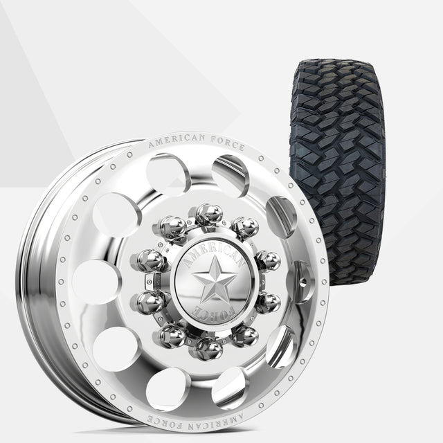 American Force 5 Holes Polished 24x8.25 Wheels & Nitto Tires Trail Grappler M/T 37x13.50R24 Tires - 24" Dually Package