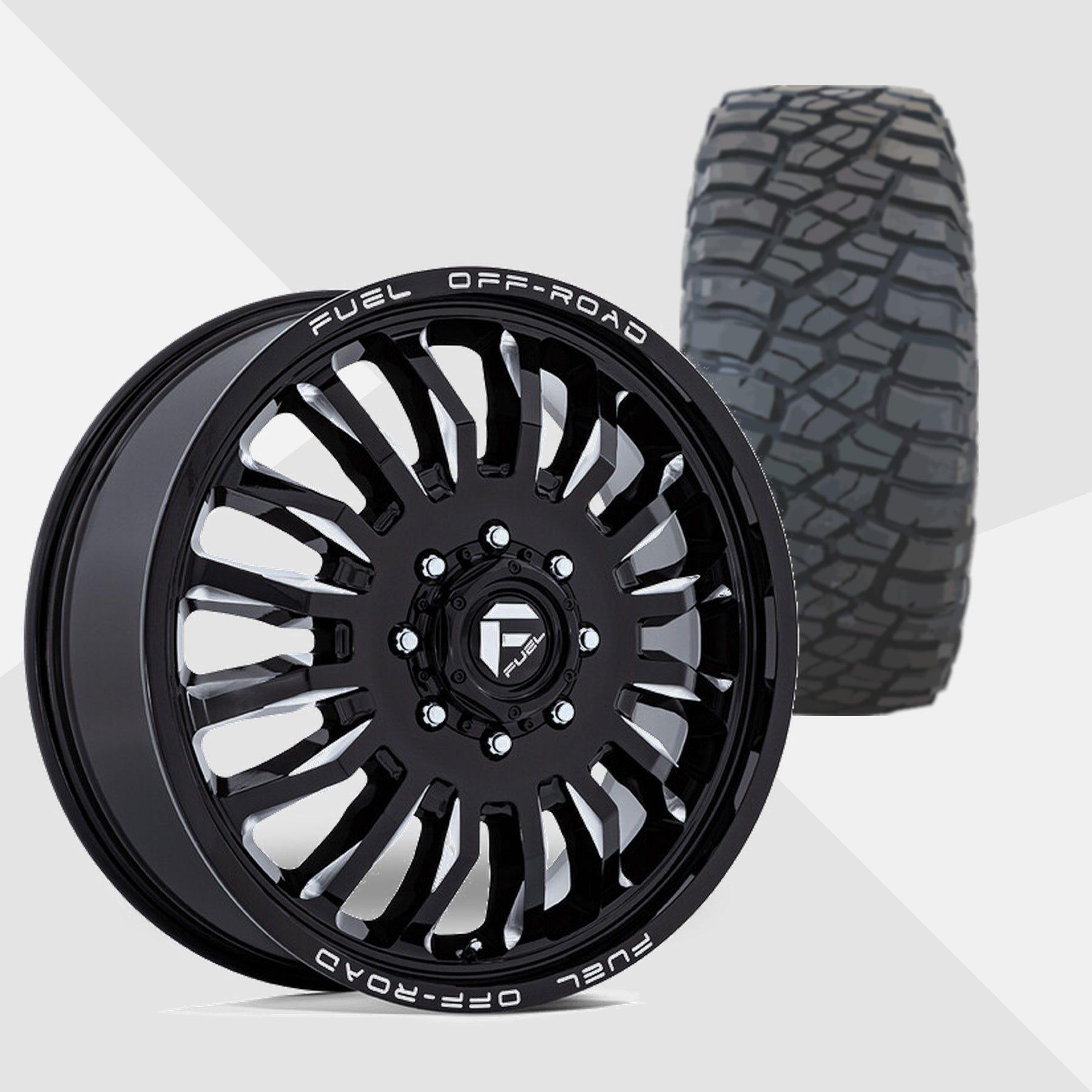 Fuel Offroad ARC Gloss Black Milled 20x8.25 Wheels & BF Goodrich Tires Mud Terrain T/A KM3 295/60R20 Tires - 20" Dually Package