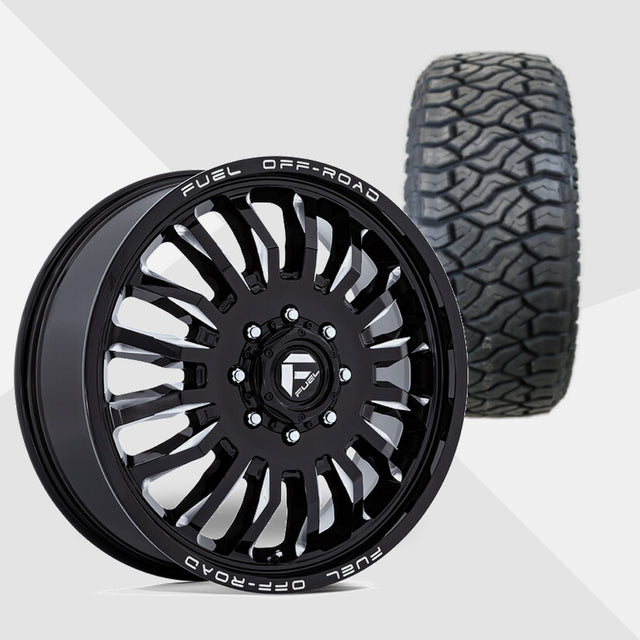 Fuel Offroad ARC Gloss Black Milled 20x8.25 Wheels & Venom Power Tires Terra Hunter R/T Plus 275/65R20 Tires - 20" Dually Package