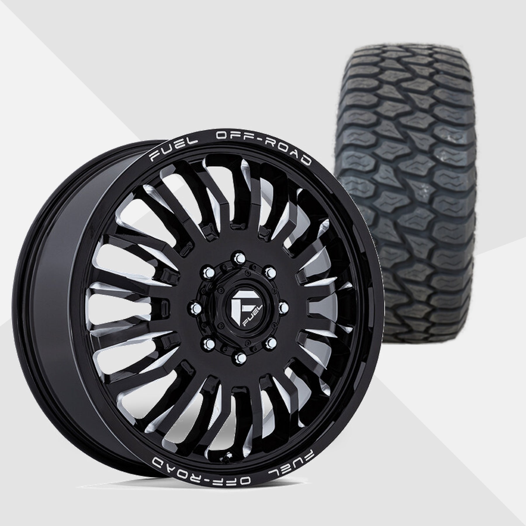 Fuel Offroad ARC Gloss Black Milled 22x8.25 Wheels & AMP Tires Terrain Attack A/T 33x12.50R22 Tires - 22" Dually Package