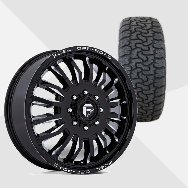 Fuel Offroad ARC Gloss Black Milled 20x8.25 Wheels & AMP Tires Terrain Pro A/T 35x12.50R20 Tires - 20" Dually Package