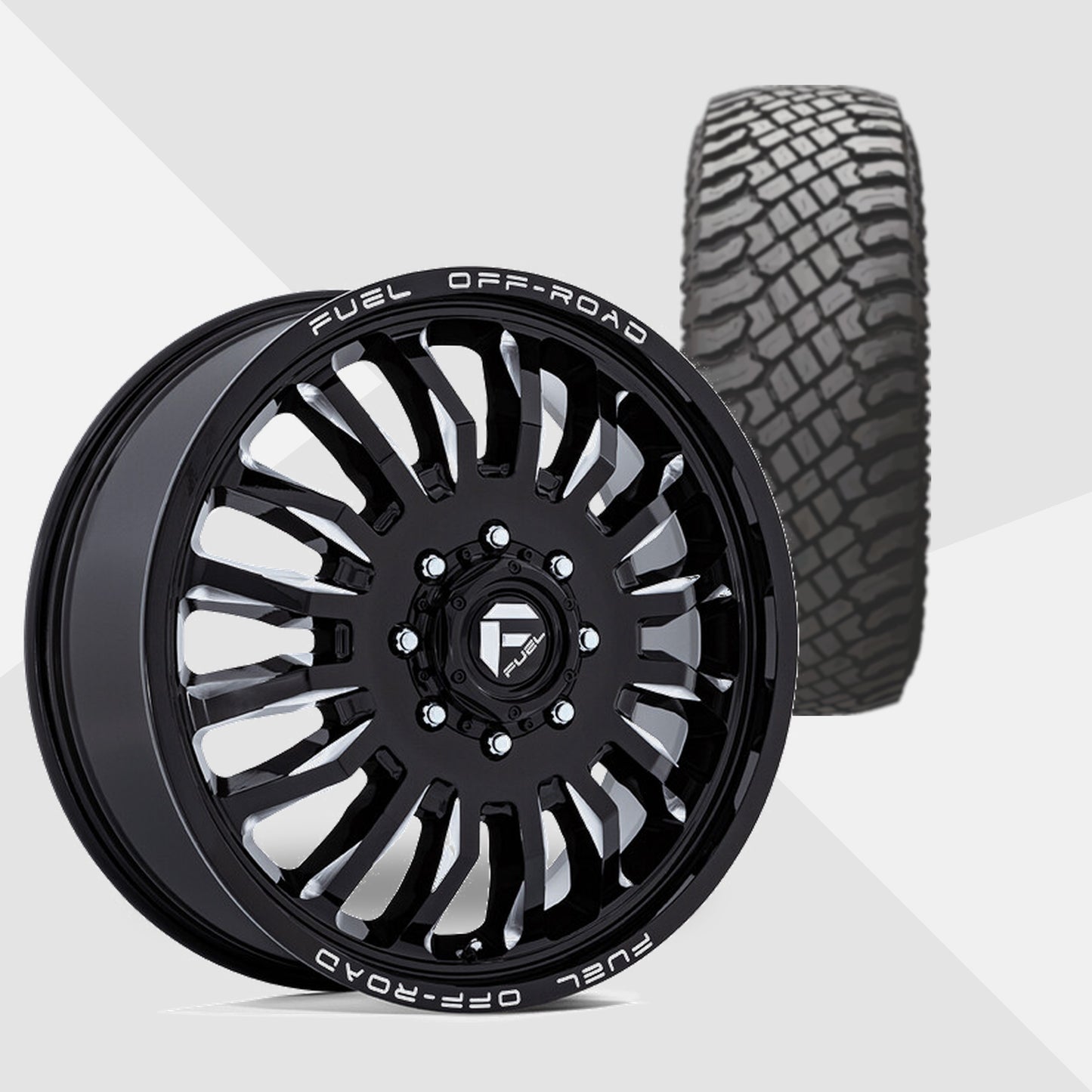 Fuel Offroad ARC Gloss Black Milled 20x8.25 Wheels & Atturo Tires Trail Blade X/T 33x12.50R20 Tires - 20" Dually Package