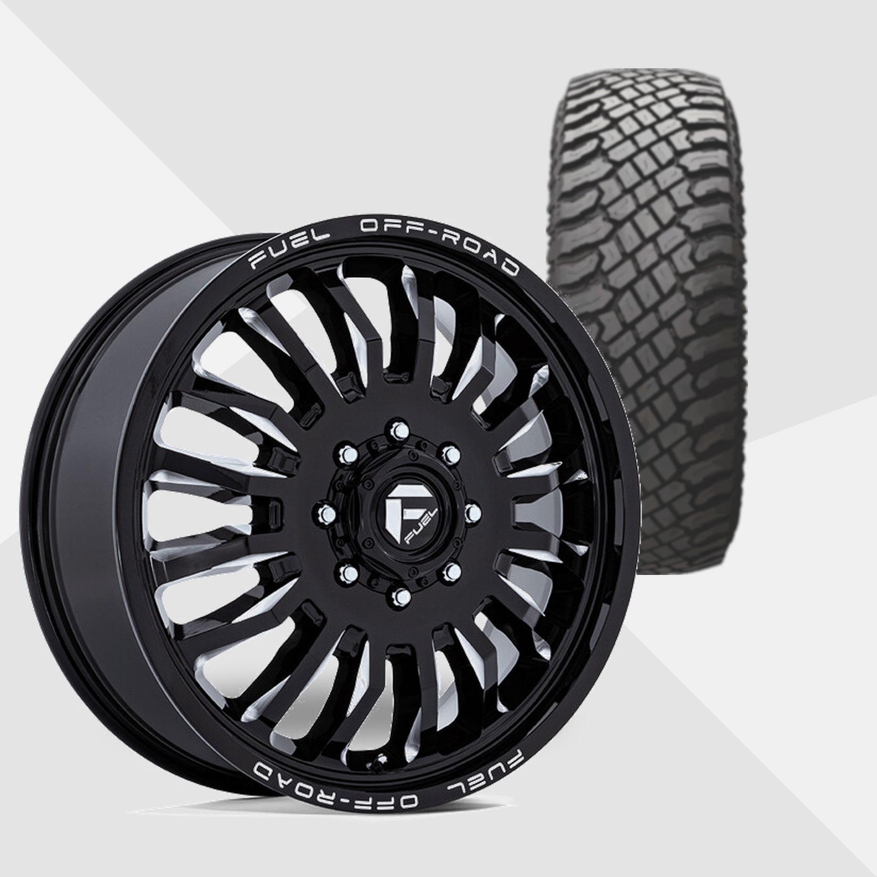 Fuel Offroad ARC Gloss Black Milled 20x8.25 Wheels & Atturo Tires Trail Blade X/T 33x12.50R20 Tires - 20" Dually Package