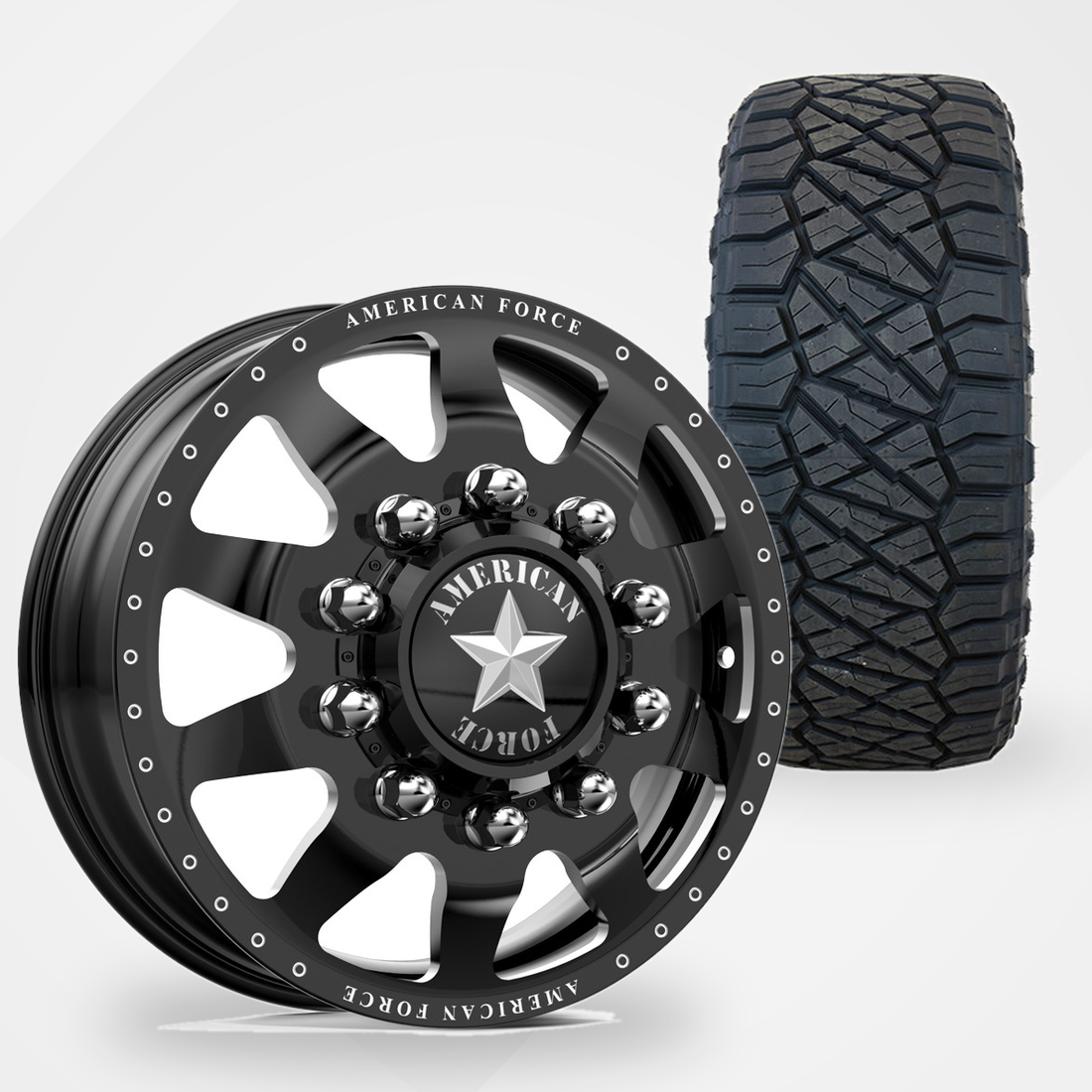 American Force Independence 22x8.25 Wheels & Nitto Tires Ridge Grappler 315/45R22 Tires - 22" Dually Package