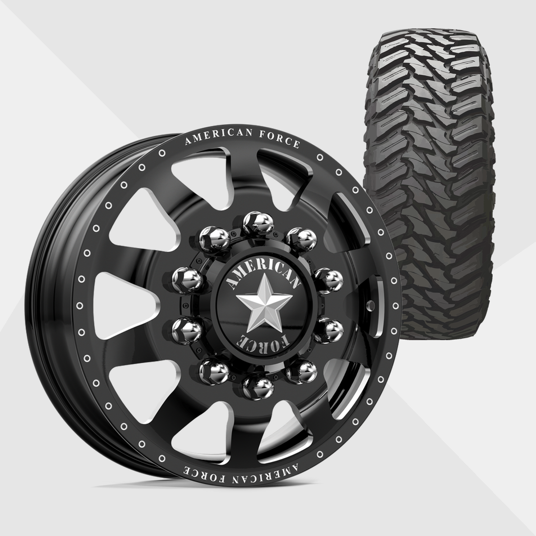 American Force Independence Gloss Black Milled 22x8.25 8x200 with Atturo Tires Trail Blade M/T 35x12.50R22 Dually Package