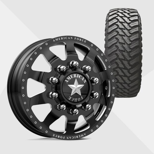 American Force Independence Gloss Black Milled 22x8.25 8x200 with Atturo Tires Trail Blade M/T 35x12.50R22 Dually Package