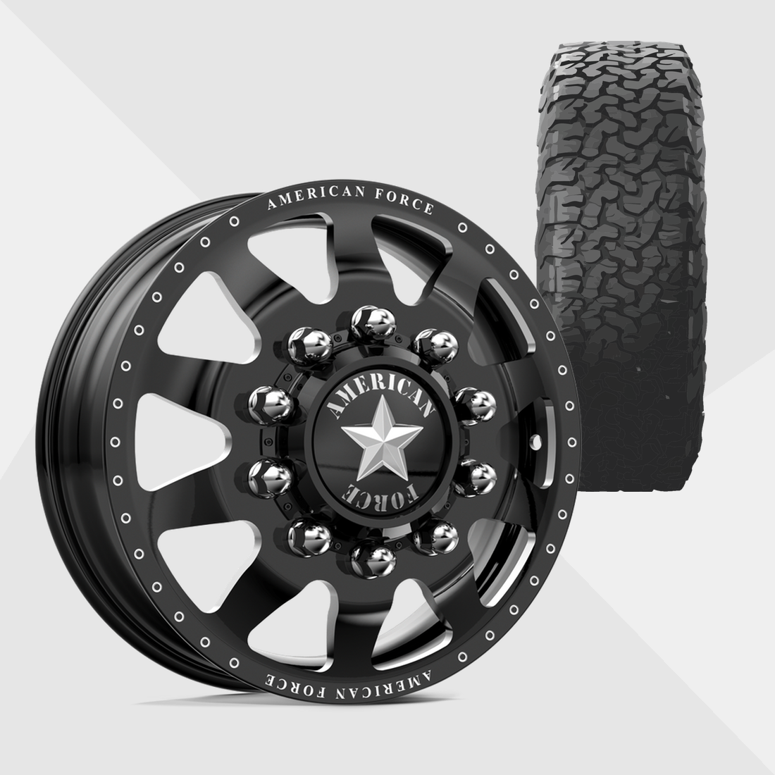American Force Independence Gloss Black Milled 22x8.25 8x170 with BF Goodrich Tires All-Terrain T/A KO3 285/55R22 Dually Package