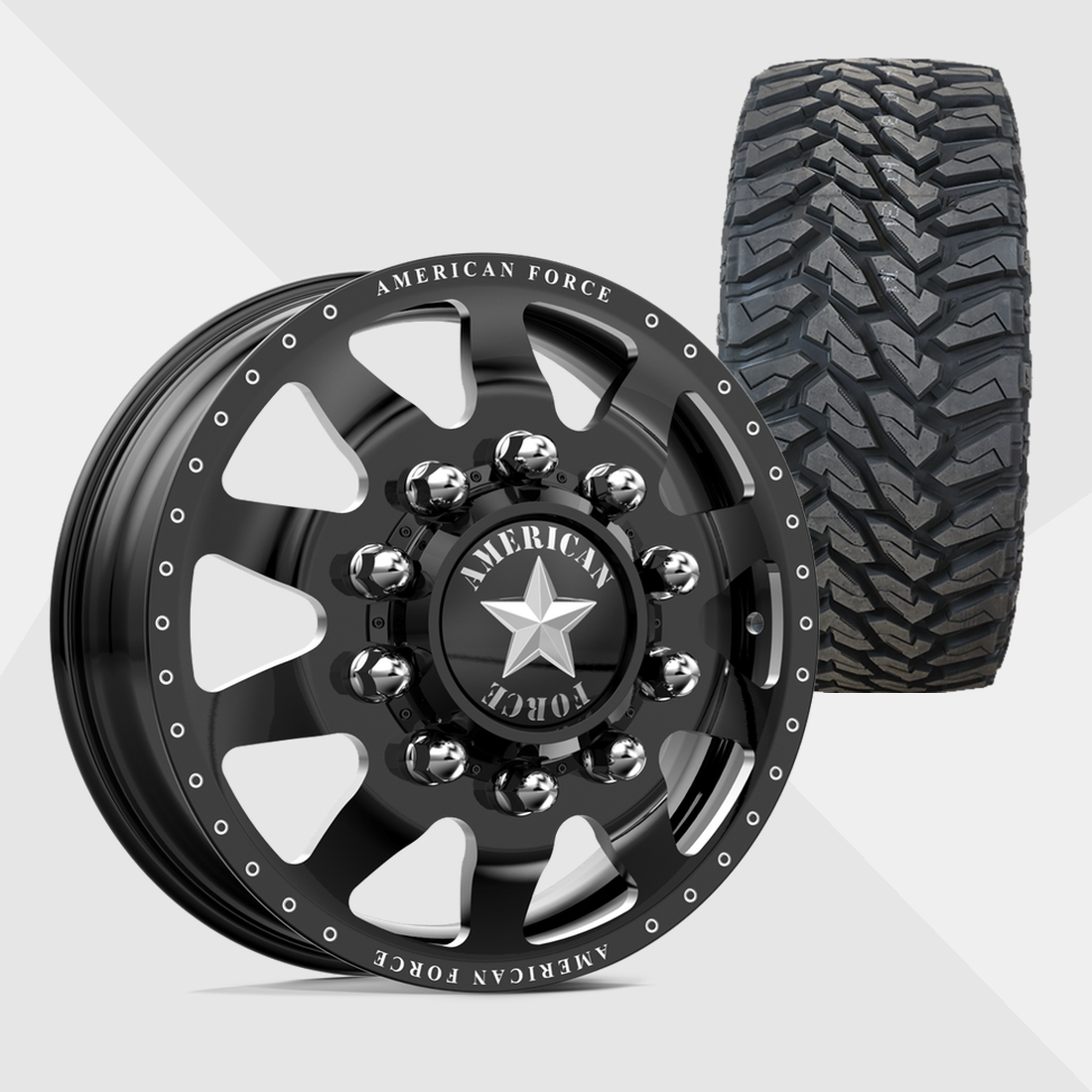 American Force Independence Gloss Black Milled 22x8.25 8x170 with Venom Power Tires Terra Hunter M/T 33x12.50R22 Dually Package