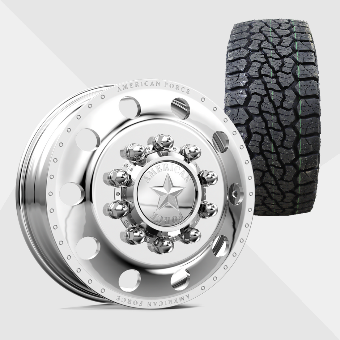 American Force Classic Polished 22x8.25 8x200 with Venom Power Tires Swampthing A/T 33x12.50R22 Dually Package