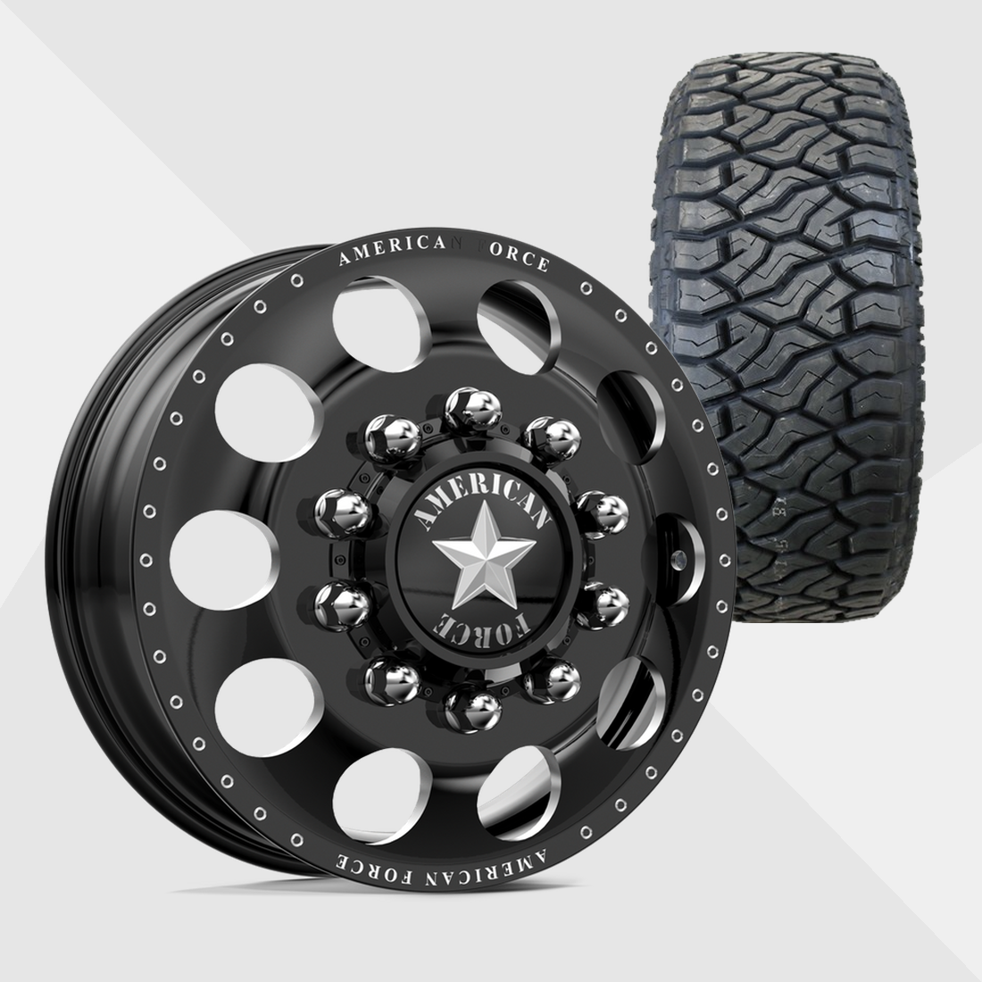 American Force Holes Gloss Black Milled 22x8.25 8x225 with Venom Power Tires Terra Hunter R/T Plus 33x12.50R22 Dually Package