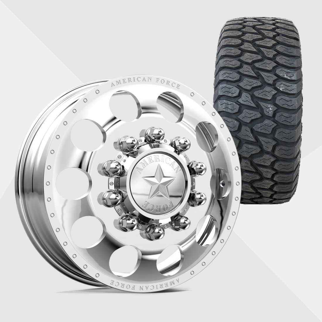 American Force Holes Polished 22x8.25 8x170 with AMP Tires Terrain Attack A/T 35x12.50R22 Dually Package