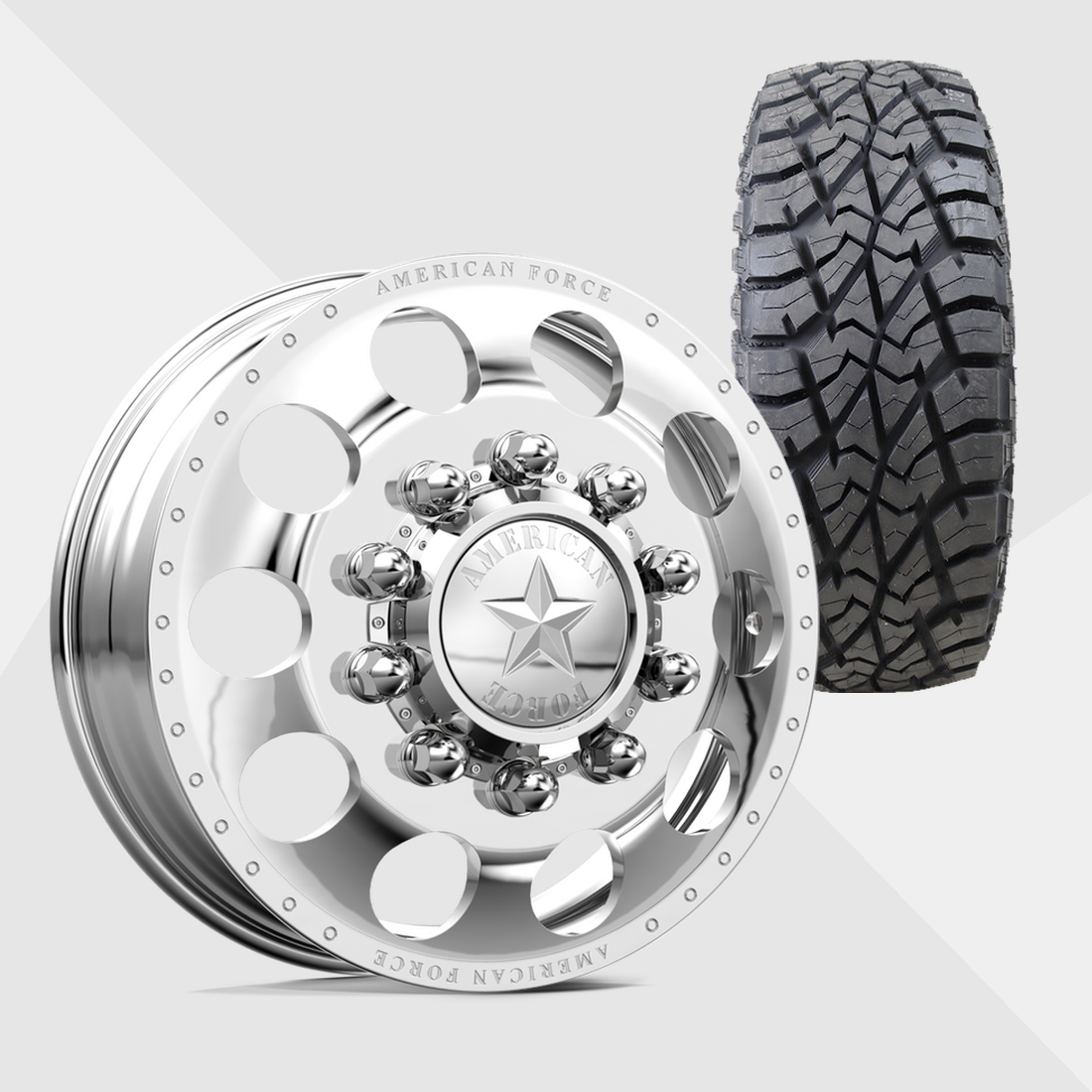 American Force Holes Polished 24x8.25 8x210 with AMP Tires Terrain Attack R/T 37x13.50R24 Dually Package