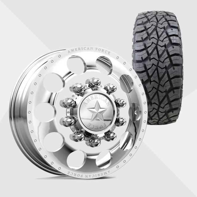 American Force Holes Polished 24x8.25 8x210 with AMP Tires Terrain Attack R/T 37x13.50R24 Dually Package