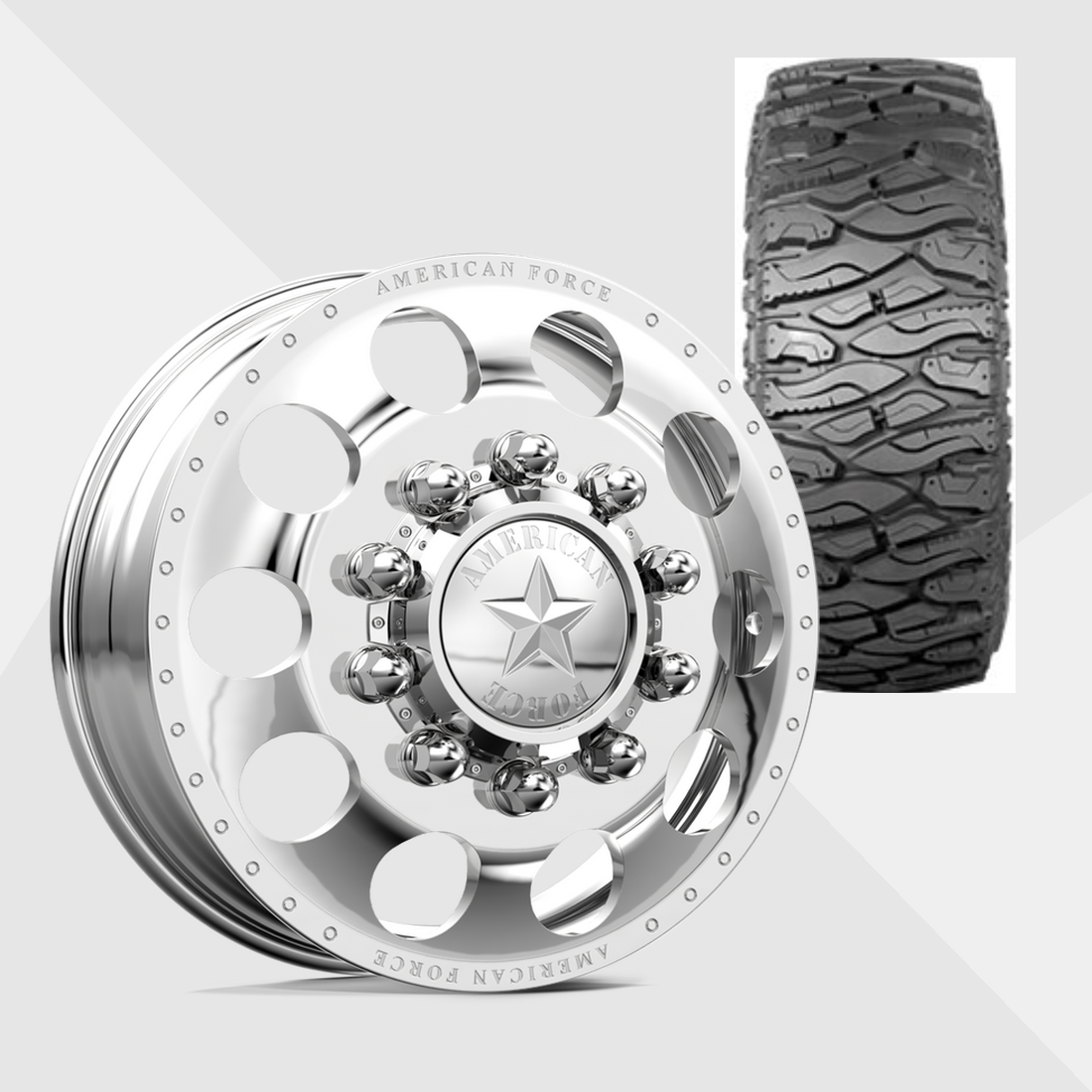 American Force Holes Polished 24x8.25 8x200 with Atturo Tires Trail Blade Boss M/T 38x13.50R24 Dually Package