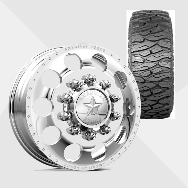 American Force Holes Polished 24x8.25 8x200 with Atturo Tires Trail Blade Boss M/T 38x13.50R24 Dually Package