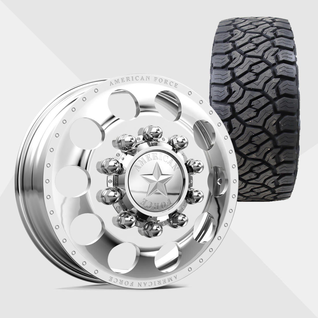 American Force Holes Polished 22x8.25 8x200 with Venom Power Tires Trail Hunter ATX 33x12.50R22 Dually Package