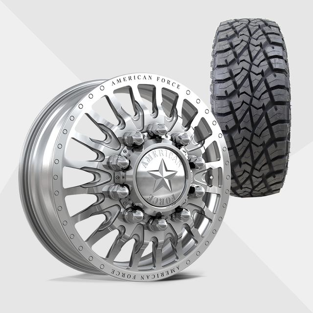 American Force Reactor Polished 22x8.25 8x275 with Toyo Tires Open Country M/T 33x12.50R22 Dually Package