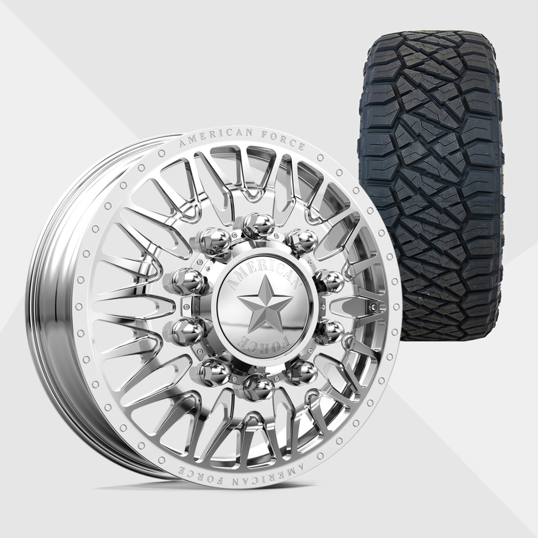 American Force Plague Polished 24x8.25 8x170 with Nitto Tires Ridge Grappler 38x13.50R24 Dually Package
