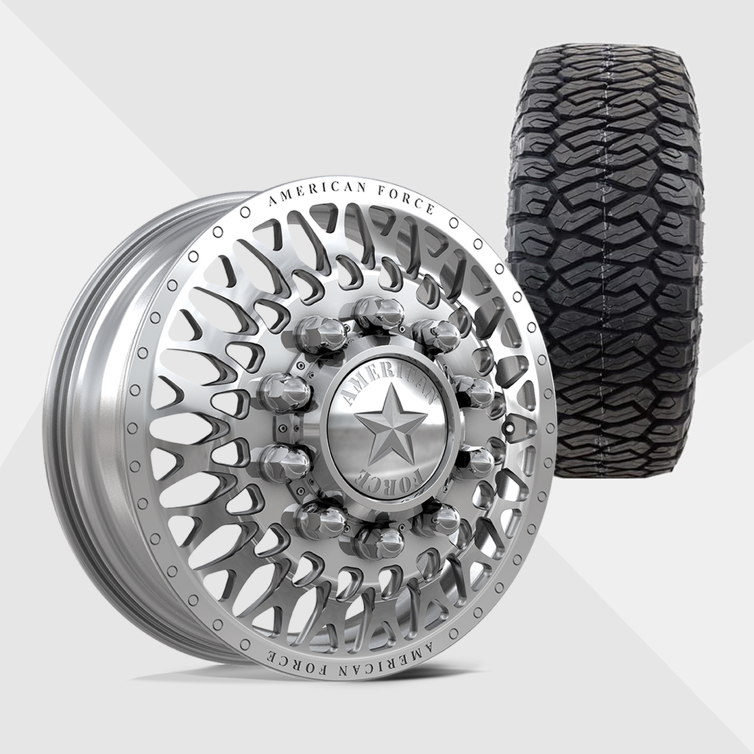 American Force Covert Polished 22x8.25 8x225 with Maxxis Tires Razr A/T 285/55R22 Dually Package