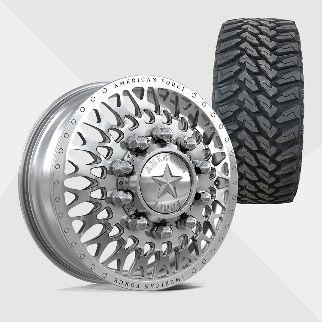 American Force Covert Polished 22x8.25 8x170 with Venom Power Tires Terra Hunter M/T 33x12.50R22 Dually Package