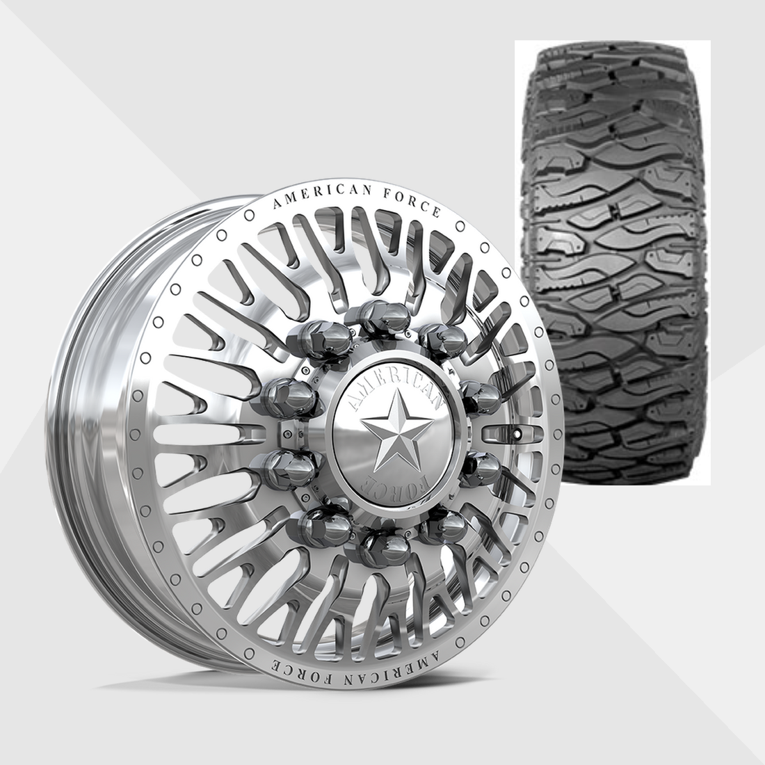 American Force Business Polished 24x8.25 8x170 with Atturo Tires Trail Blade Boss M/T 38x13.50R24 Dually Package