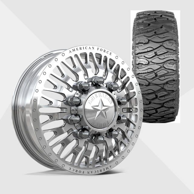 American Force Business Polished 24x8.25 8x170 with Atturo Tires Trail Blade Boss M/T 38x13.50R24 Dually Package