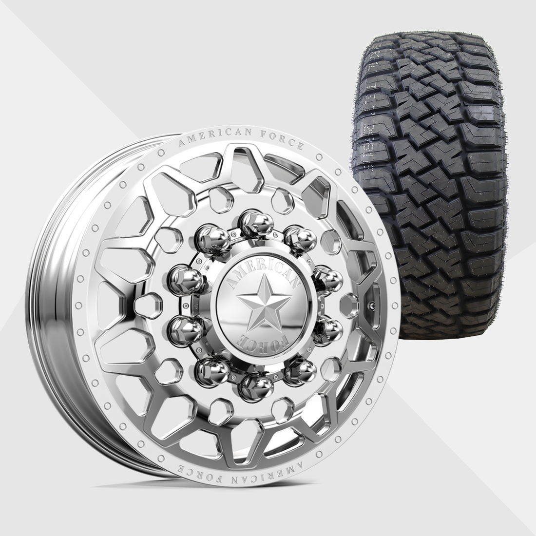American Force Orion Polished 24x8.25 8x165.1 (8x6.5) with LandSpider Tires Wildtraxx R/T 37x13.50R24 Dually Package