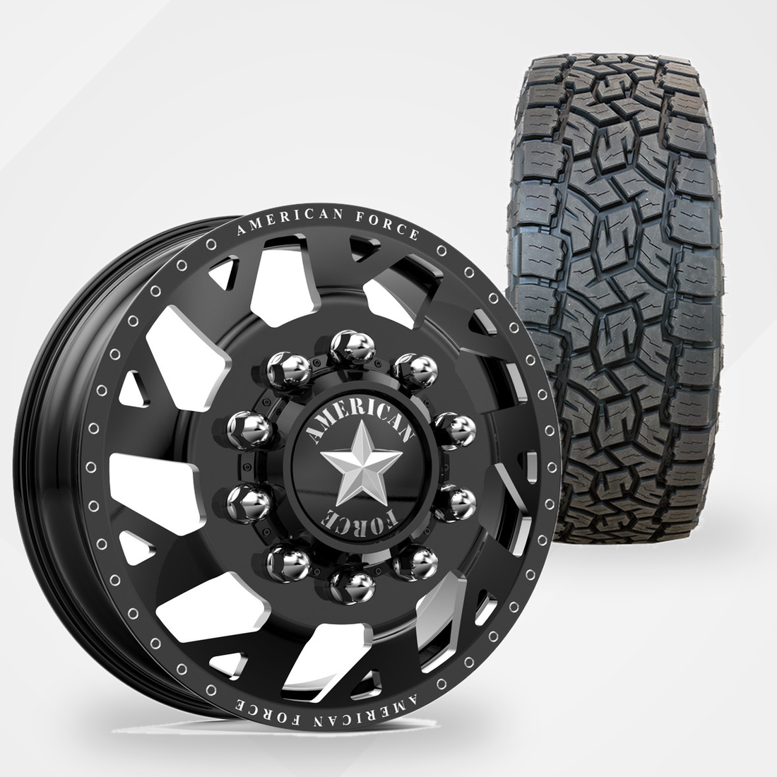 American Force Man O'War 22x8.25 Wheels & Toyo Tires Open Country A/T III 35x12.50R22 Tires - 22" Dually Package