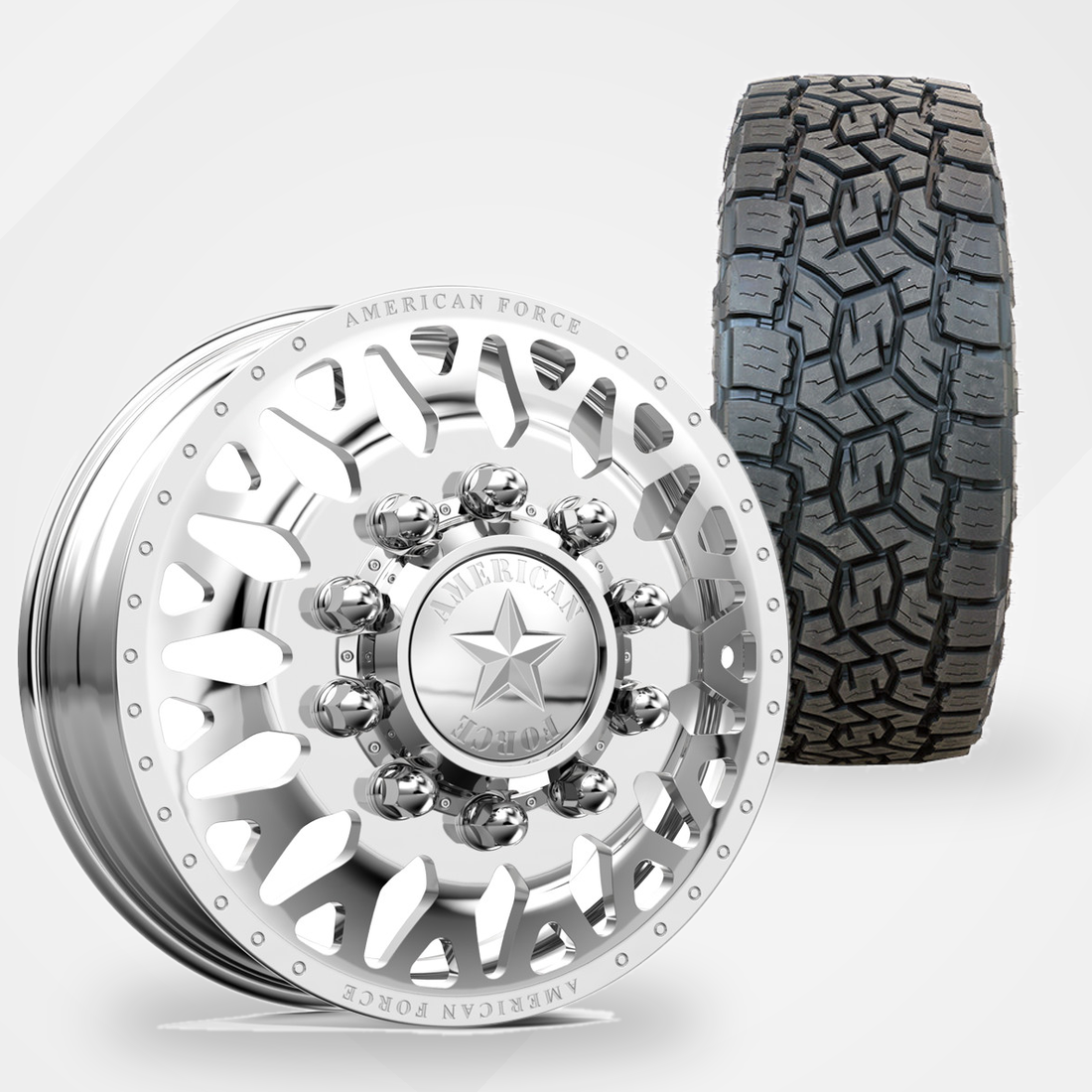 American Force Evo 22x8.25 Wheels & Toyo Tires Open Country A/T III 35x12.50R22 Tires - 22" Dually Package
