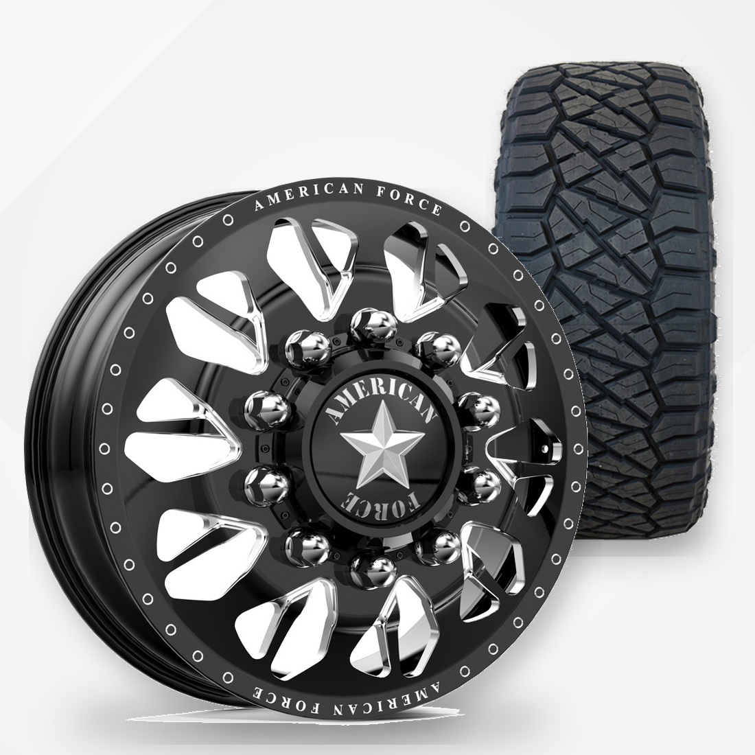 American Force Commander 22x8.25 Wheels & Nitto Tires Ridge Grappler 35x12.50R22 Tires - 22" Dually Package