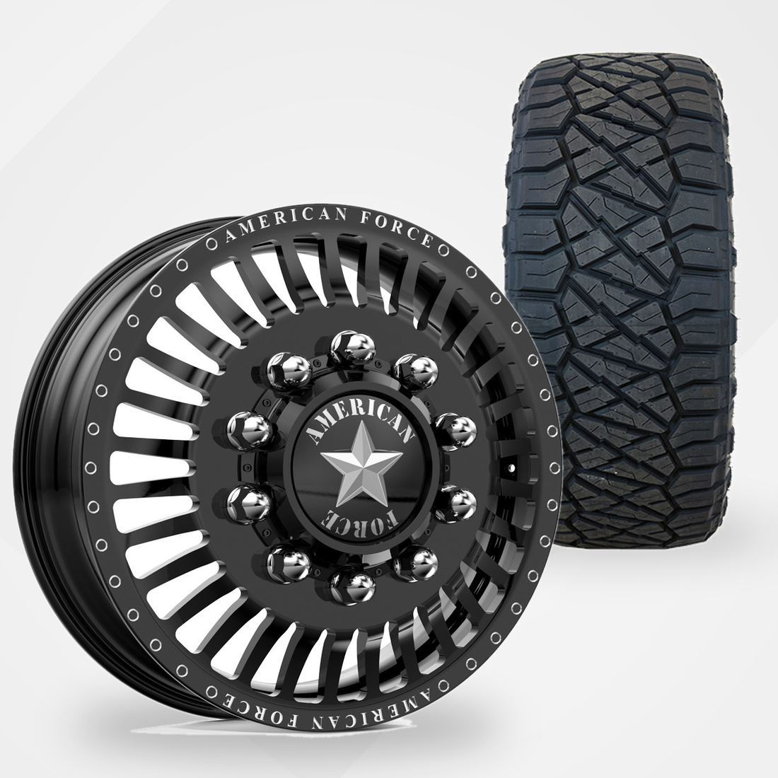 American Force Legion 22x8.25 Wheels & Nitto Tires Ridge Grappler 315/45R22 Tires - 22" Dually Package