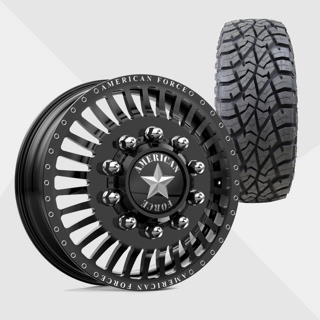 American Force Legion Gloss Black Milled 22x8.25 8x165.1 (8x6.5) with AMP Tires Terrain Attack R/T 35x12.50R22 Dually Package