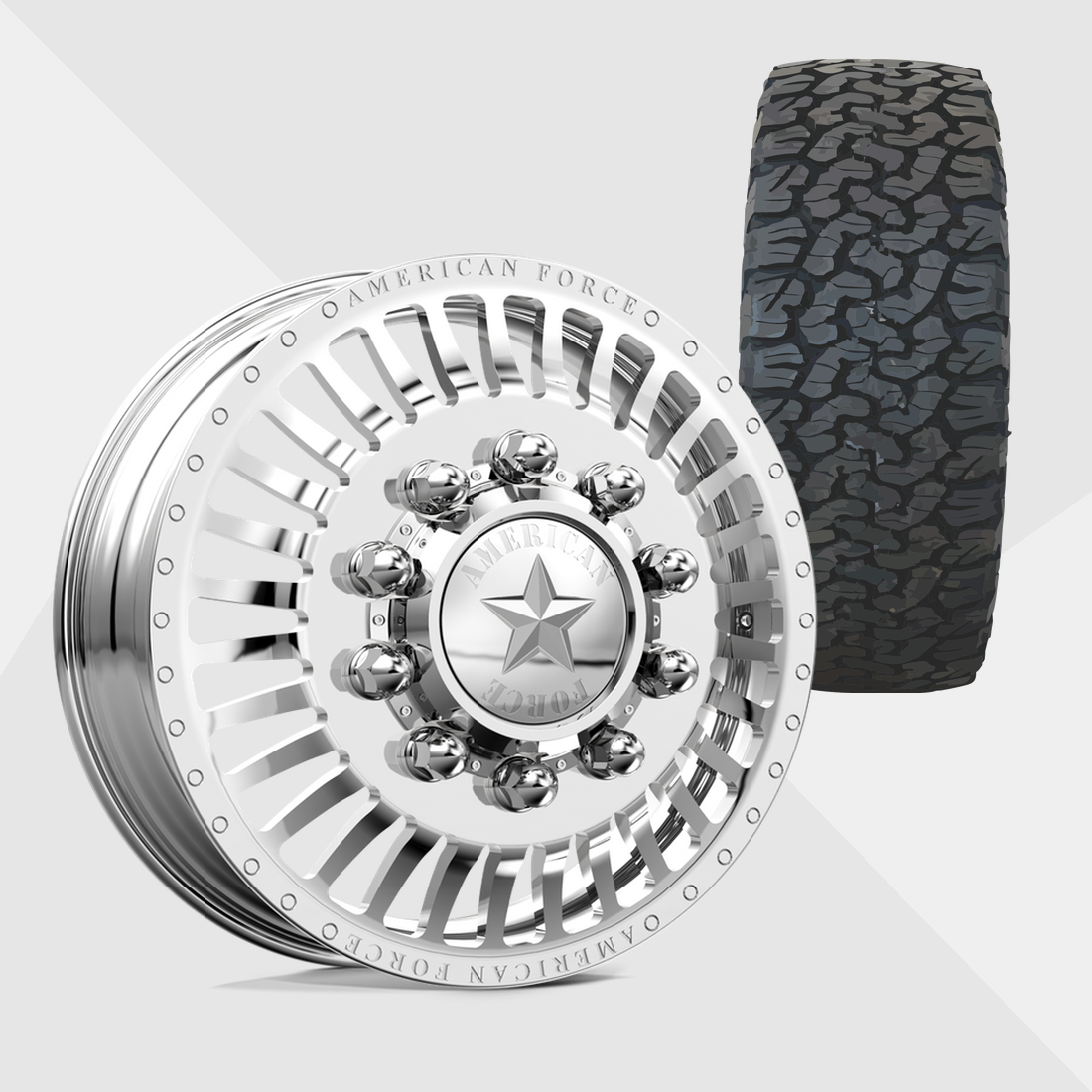 American Force Legion Polished 22x8.25 8x210 with BF Goodrich Tires T/A KO2 A/T 35x12.50R22 Dually Package